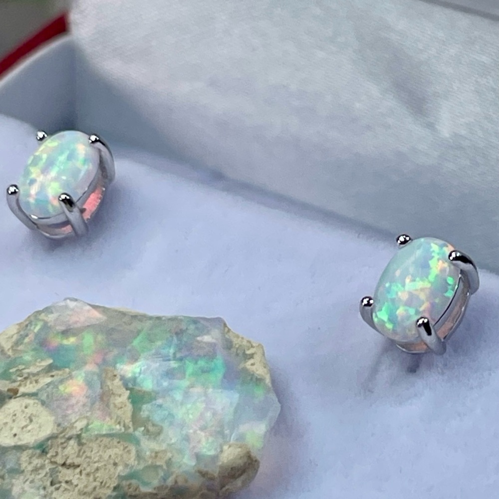 14K 2ct Australian‼️ Opal White Gold Earrings - Picture 12 of 16